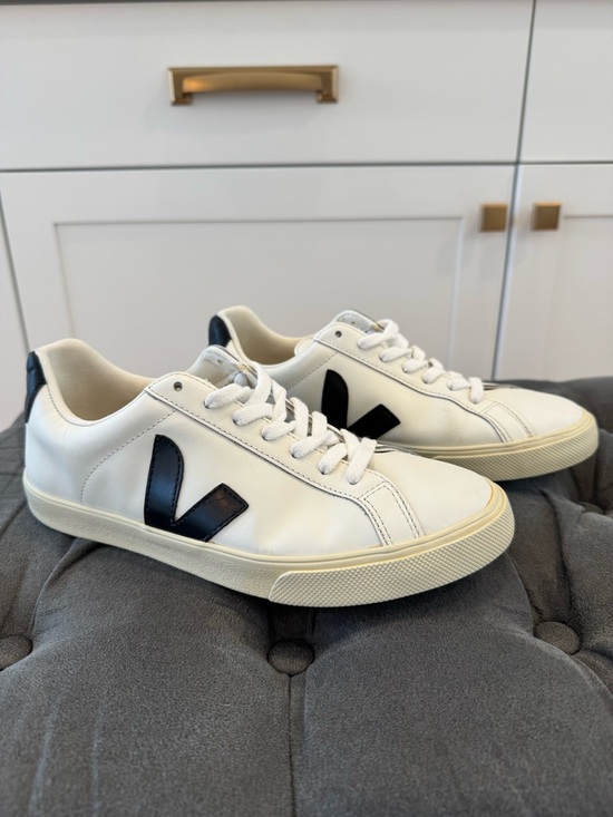 Veja White Leather Sneakers with Black/Navy V Logo - Picture 2 of 10